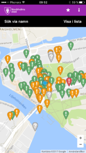 Livsmedelkollen visar läget runt Hornstull i Stockholm. Grönt är godkänt, orange mindre brister och rött större brister.